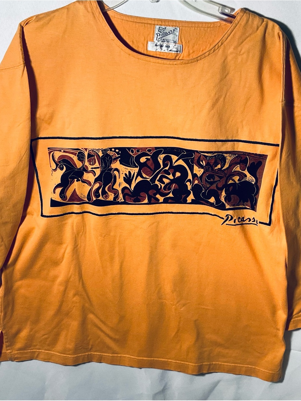 Vintage Picasso Signature Orange Long-Sleeve Graphic Tee for Women